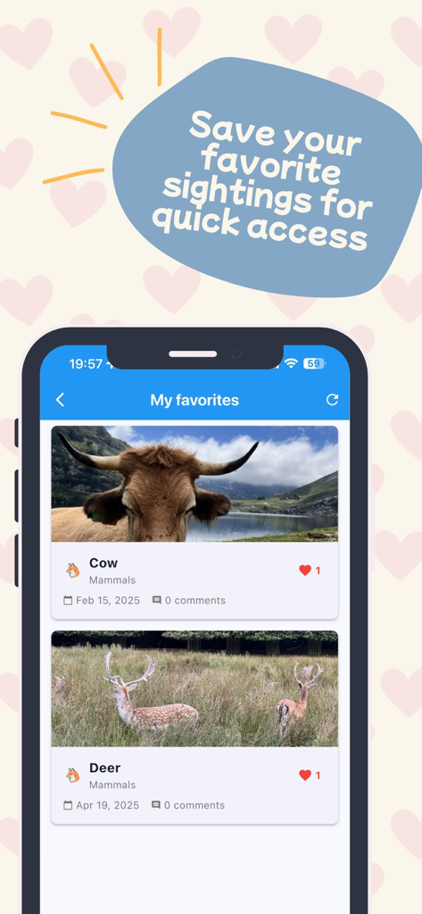Furtrace - Furtrace app screen showing a list of favorite animal sightings like cows and deer