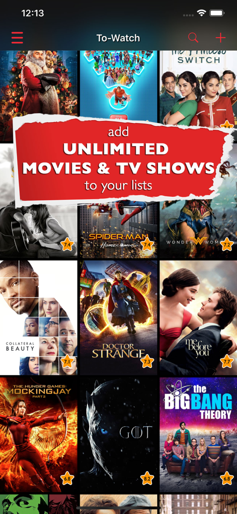 Filmbox Smart Movie Manager - Interface de l'application Filmbox montrant une grille d'affiches de films et de séries télévisées dans une liste À voir.