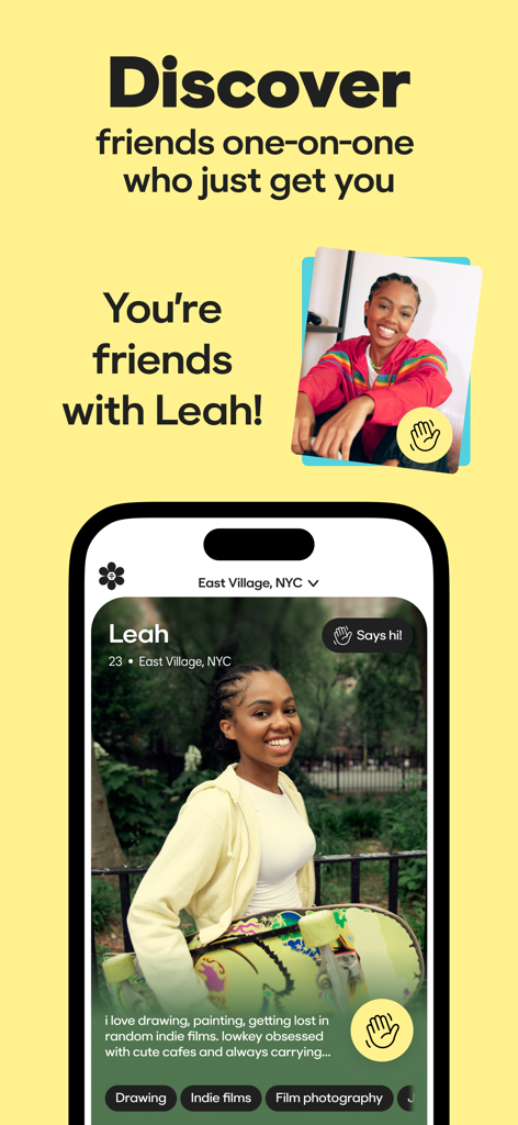 A screen from the Bumble BFF app showing a new friend match with a user named Leah in New York City