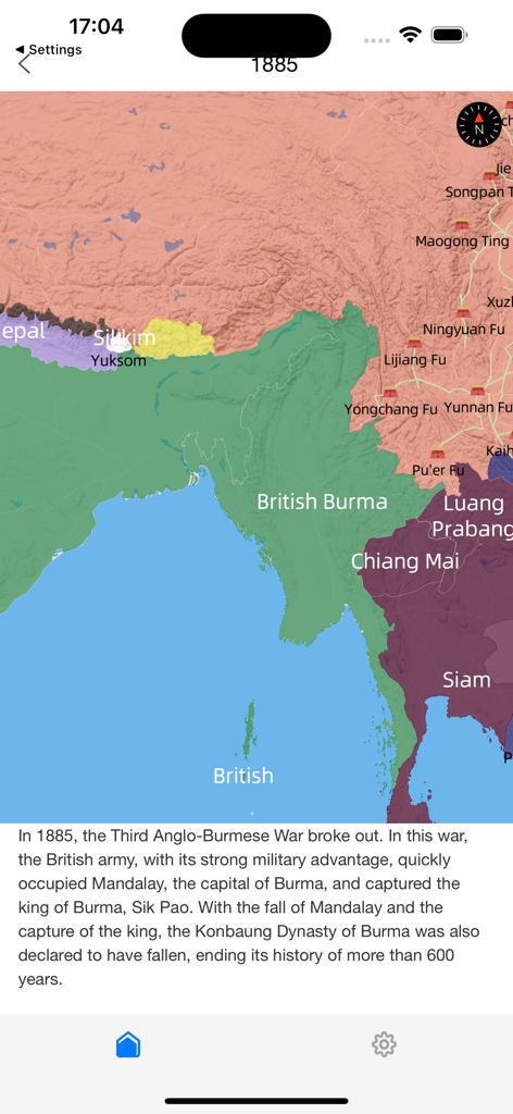 EpicMoments - Mapa histórico interactivo del Sudeste Asiático en 1885 que muestra la Birmania Británica y Siam con texto educativo sobre la Tercera Guerra Anglo-Birmana.