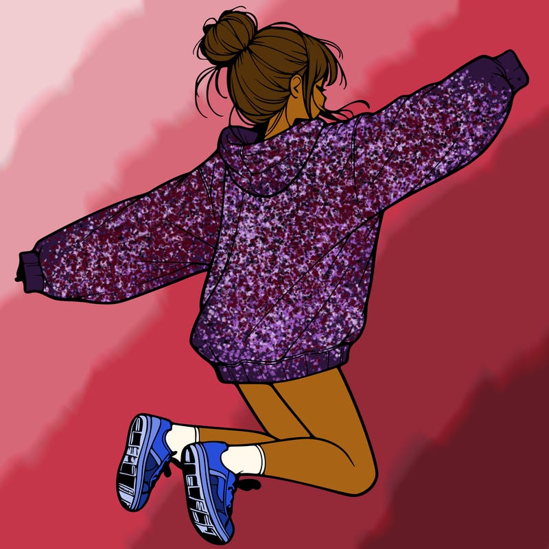 realistic girl jumping with a bun and oversized sweatshirt