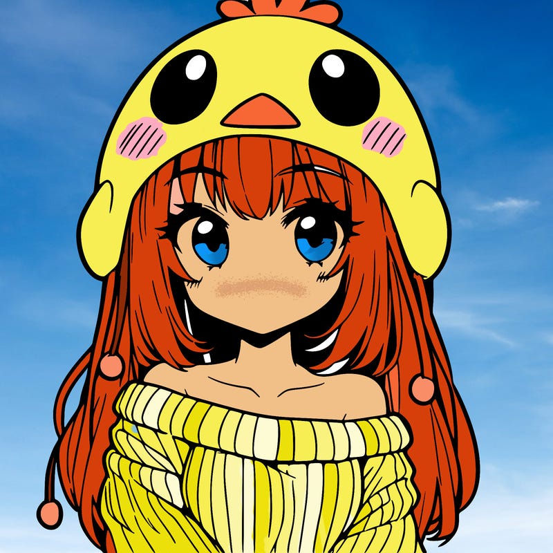 anime girl with chick shaped hat with sweater with bare shoulders with bangs covering them one eye with low tail