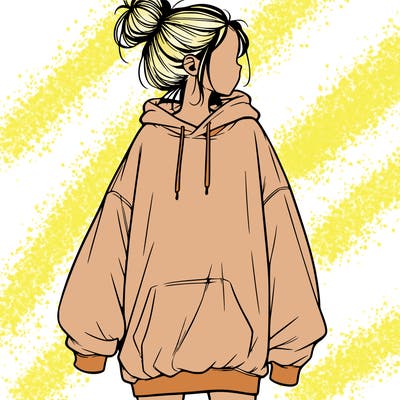 realistic girl with a oversized sweatshirt on and a bun