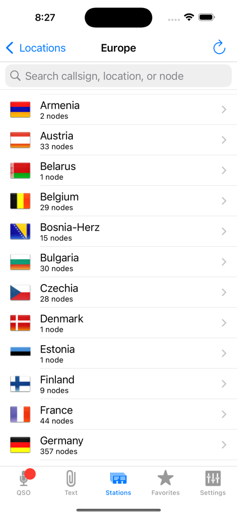 EchoLink - Interfaz de la aplicación EchoLink mostrando una lista de nodos de radioaficionados en países europeos