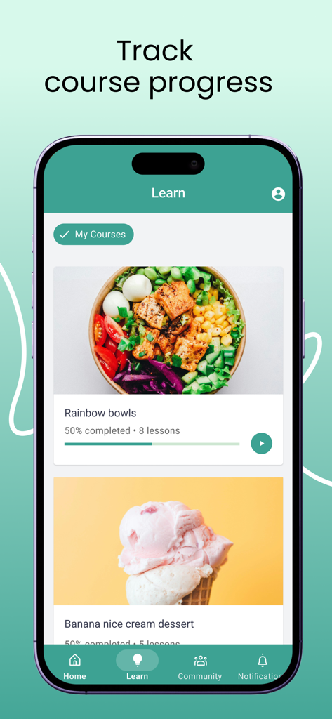 健康的な料理のレッスンのコース進捗状況をiPhoneで追跡しているThinkificアプリのインターフェース。
