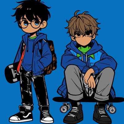 2 teen anime boys, one with glasses and the other is taller and holding a skateboard
