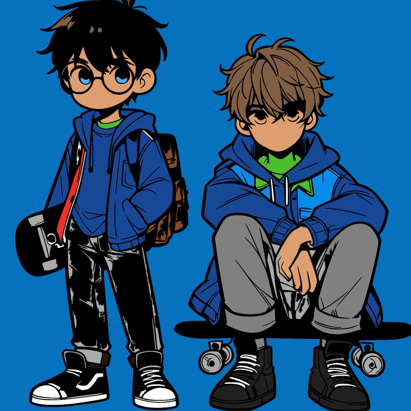 2 teen anime boys, one with glasses and the other is taller and holding a skateboard
