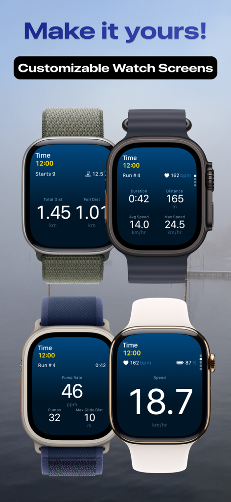 Four Apple Watch Ultra screens displaying customizable water sports metrics like speed, pump rate, and distance in the FoilMotion app.