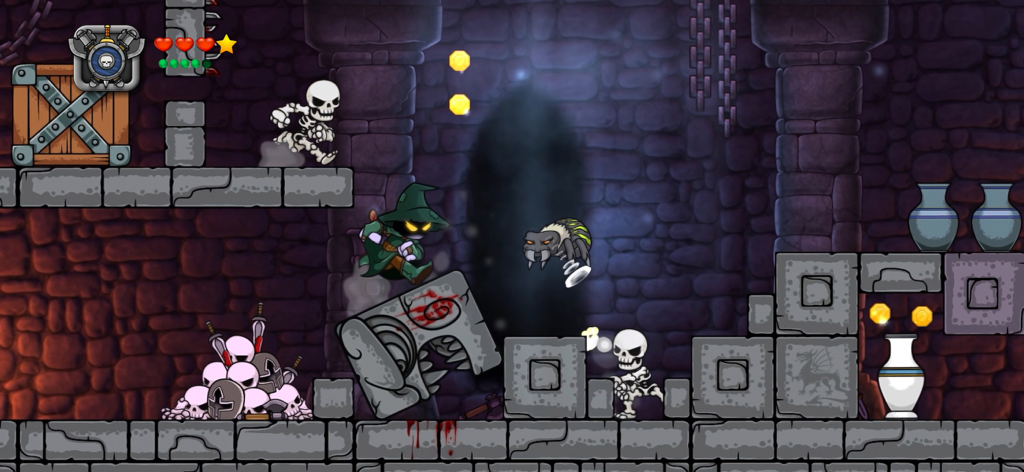 Magic Rampage - Un personaje mago luchando contra esqueletos en un nivel de mazmorra de Magic Rampage