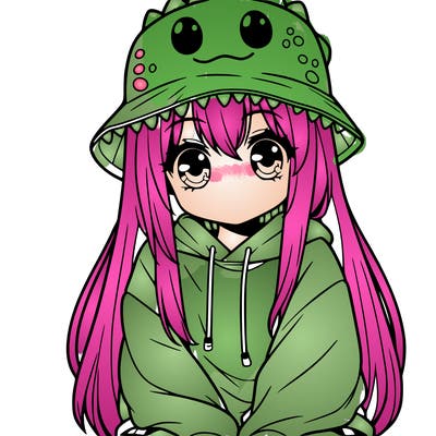 girl with anime shaped eyes with a dinosaur bucket hat oversized sweatshirt long straight hair