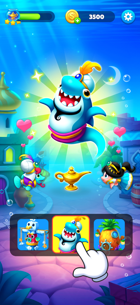 Solitaire Ocean - Pantalla de selección de decoración de personajes con un genio tiburón en Solitaire Ocean