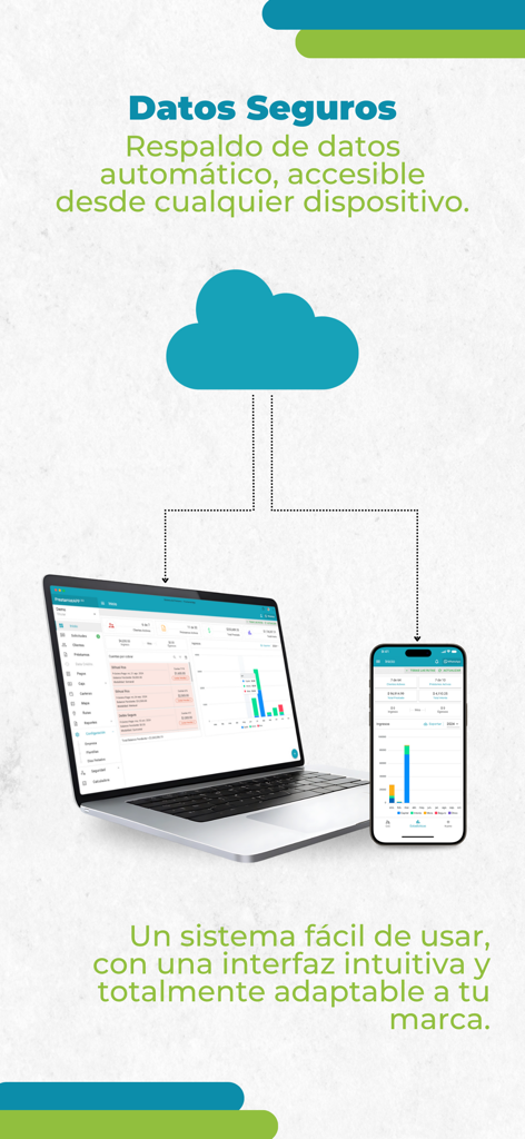 PrestamistApp 3.0 - Um laptop e um smartphone exibindo a interface do aplicativo financeiro sincronizados através de um ícone de nuvem para backup seguro de dados