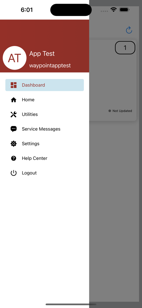 Waypoint Pro - The navigation menu of the Waypoint Pro app showing dashboard and settings options.