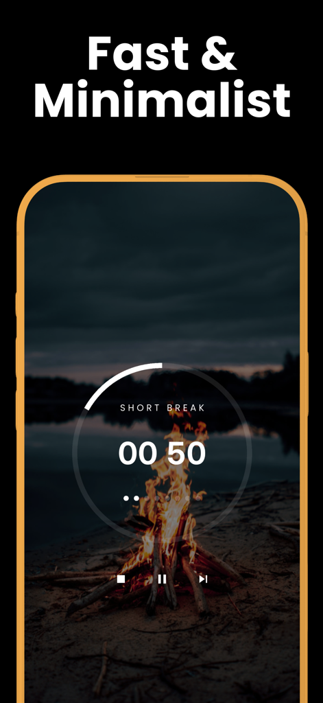 Pomo: Pomodoro Timer - Pomo app screenshot showing a minimalist short break timer with a campfire background.