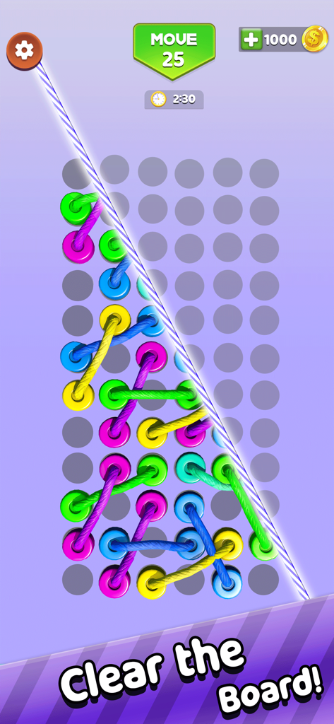 Twisted Puzzle Tangle Rope 3D - A 3D mobile puzzle game screen showing colorful tangled ropes on a peg board with the text clear the board