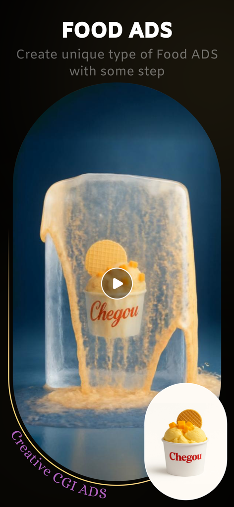 AI CGI Ads Studio: Video Ads - Food advertisement template featuring an ice cream cup with CGI effects