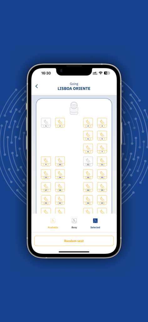 Gipsyy: Travel in Europe - Bus seat selection map in the Gipsyy app for a trip to Lisboa Oriente