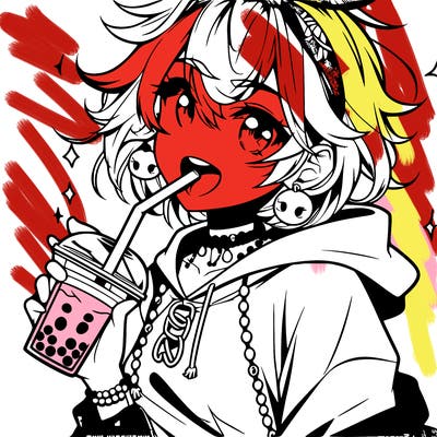 hot baddie anime girl drinking boba and biting the straw