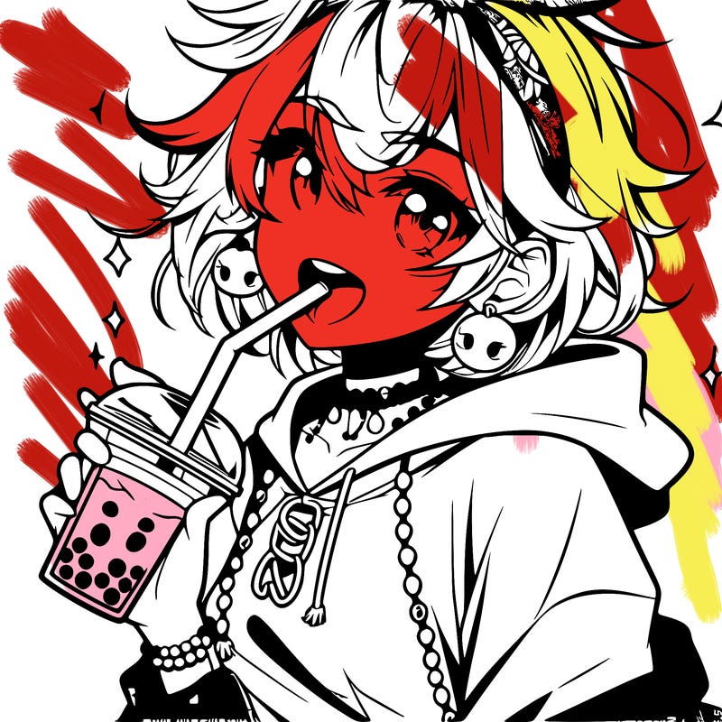 hot baddie anime girl drinking boba and biting the straw