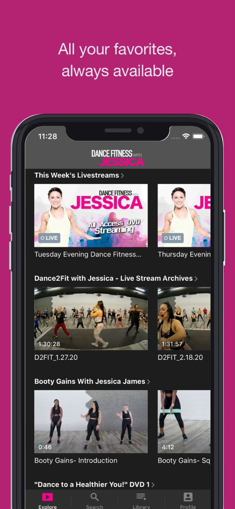 Mobile app interface for Dance Fitness with Jessica showing various livestream workout categories and schedules