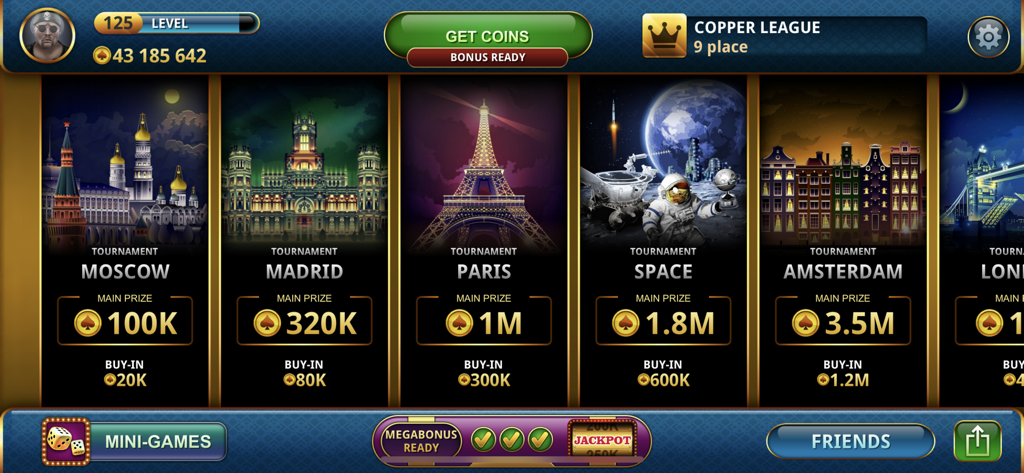 Poker Championship online - Tournament selection screen in Poker Championship online showing world tour cities and prize pools.