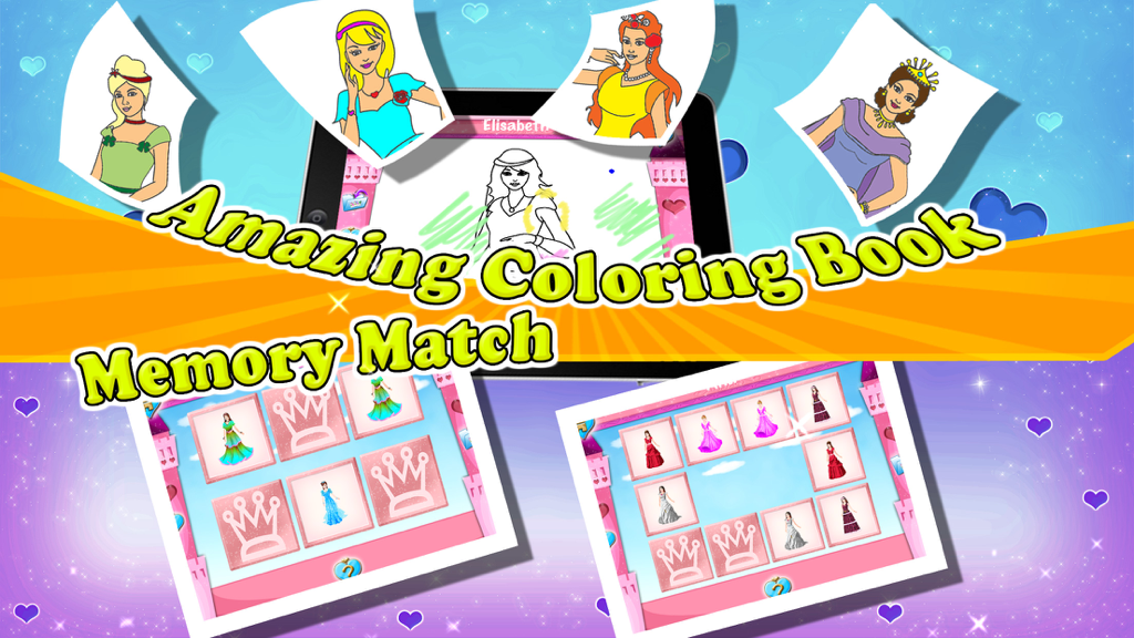 Little Princess Coloring Book! - Little Princess Coloring Book interface showing coloring pages and a memory match game with royal gowns.
