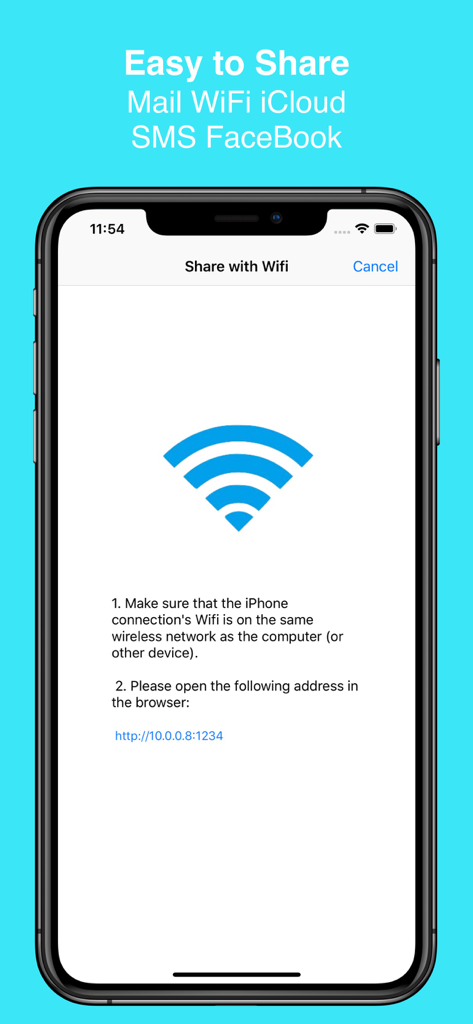 EZAudioCut app interface showing the wireless wifi file transfer and sharing options