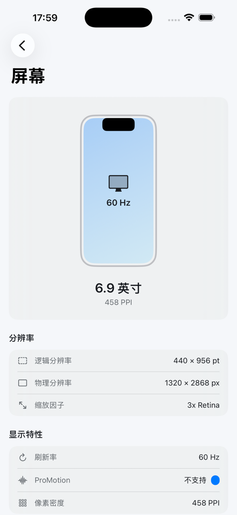 Especificações de exibição do iPhone, incluindo resolução e taxa de atualização na interface do aplicativo Spectra