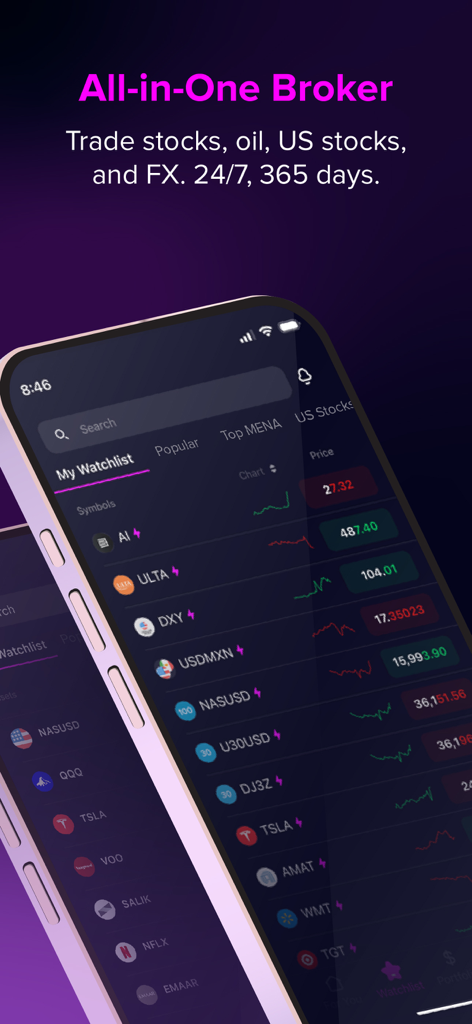 Interface de l'application amana montrant une liste de surveillance mondiale pour le trading d'actions, de pétrole et de forex