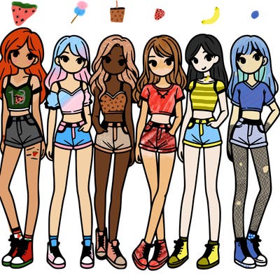 a group of girls wearing crop tops and shorts