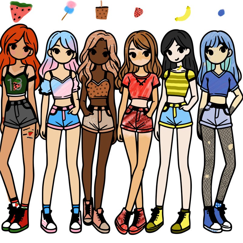 a group of girls wearing crop tops and shorts