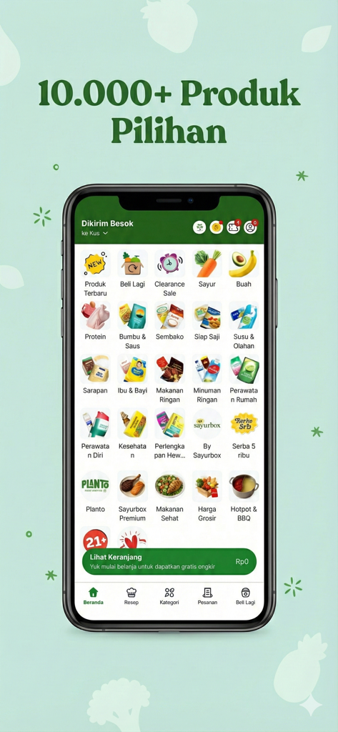 Sayurbox - Grocery Jadi Mudah - A smartphone displaying the Sayurbox app interface with icons for various grocery categories like vegetables, fruits, and snacks