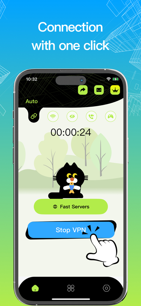 VPN – Black Cat Free VPN ™ - Black Cat VPN mobile app interface showing a one click connection button and a cute cat mascot