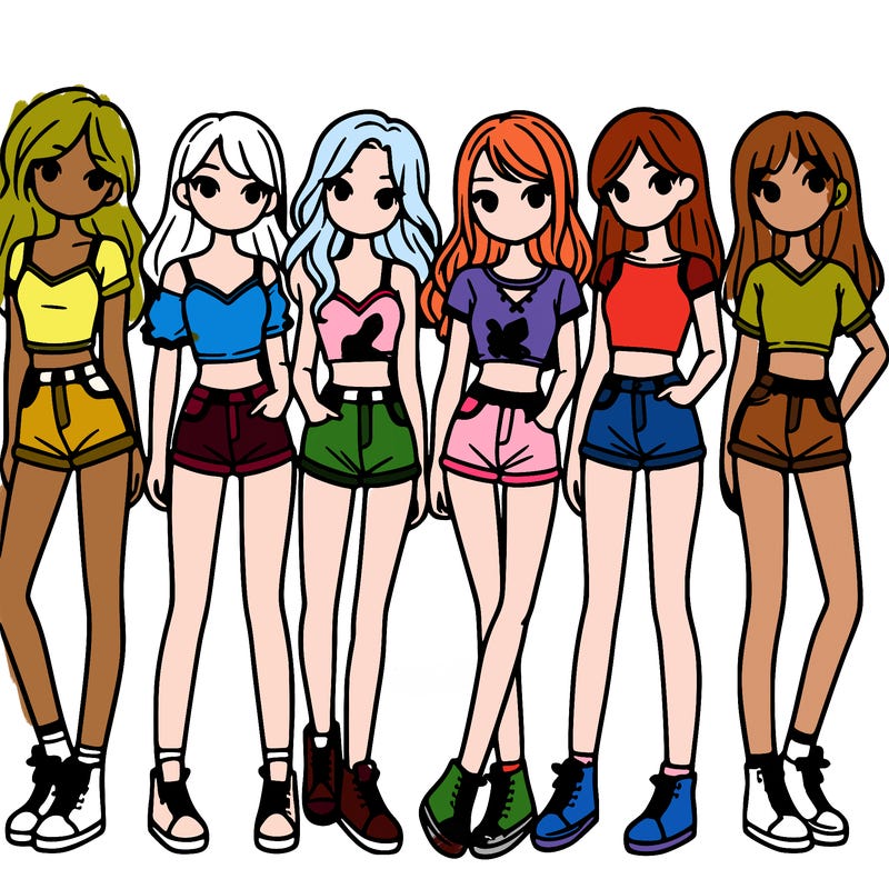 a group of girls wearing crop tops and shorts