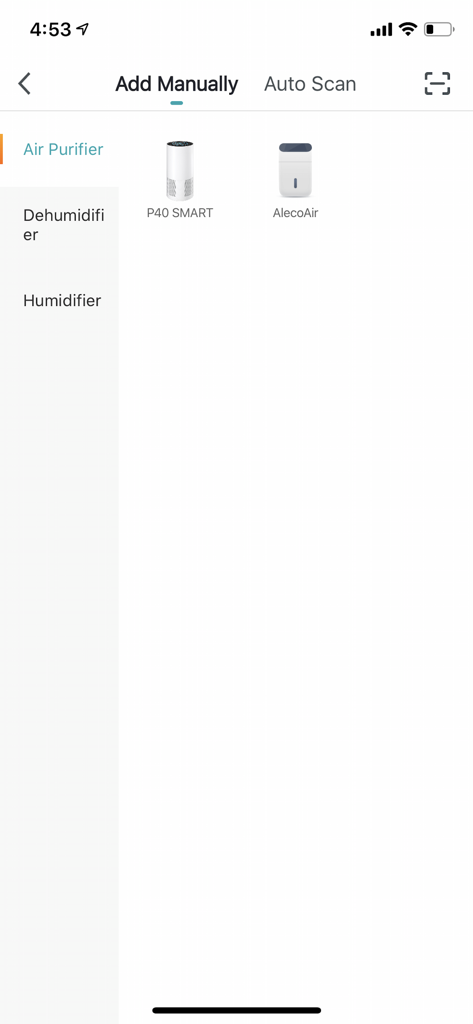 AlecoAir - User interface of AlecoAir app for adding smart air purifiers and dehumidifiers manually