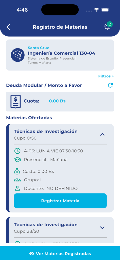 Mobile interface of the UPDS app showing the course registration section for engineering students.