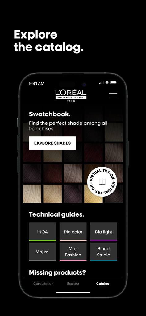 My Hair [iD] - L'Oreal My Hair iD app interface showing the hair color swatchbook and professional technical guides