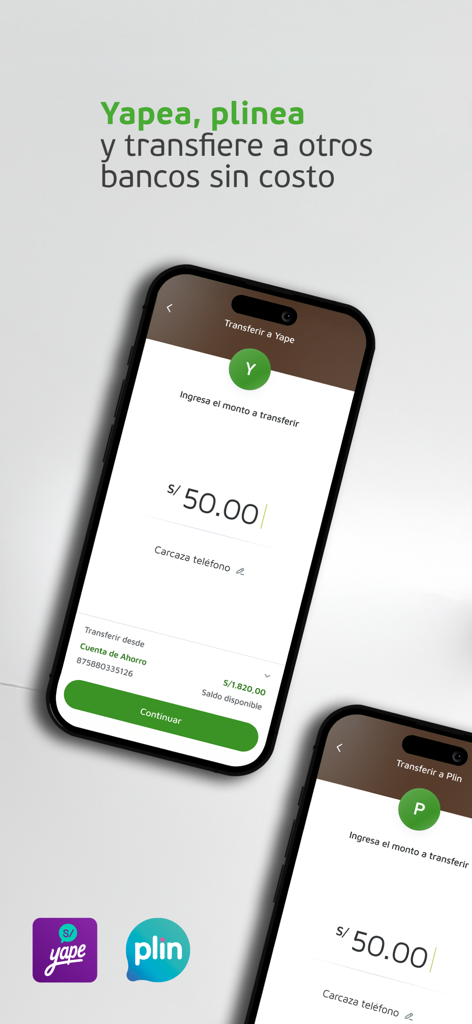 App-Oberfläche der Banco Falabella Perú mit einer Überweisung von 50 Sol an Yape