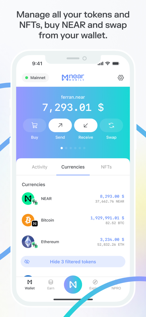 The main dashboard of the NEAR Mobile crypto wallet app displaying a user balance and various cryptocurrency holdings like NEAR, Bitcoin, and Ethereum.