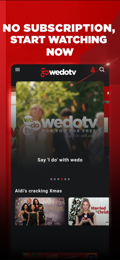 Oberfläche der wedotv-App, die kostenlose Filme und Serien mit dem Text "Kein Abonnement erforderlich" anzeigt