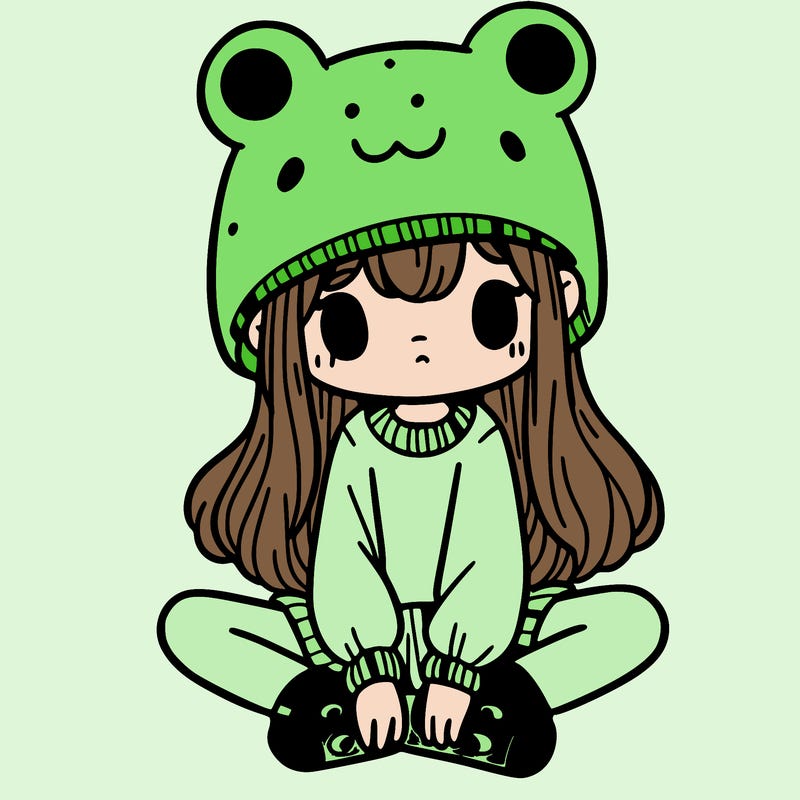 a girl wearing a frog hat and some frog socks