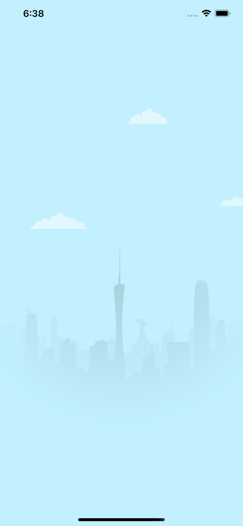 YESKAMO - Eine minimalistische hellblaue Illustration einer Stadtsilhouette und von Wolken auf dem YESKAMO-App-Startbildschirm.