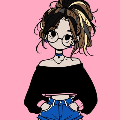 girl with a messy ponytail glasses a baggy crop top and jean shorts