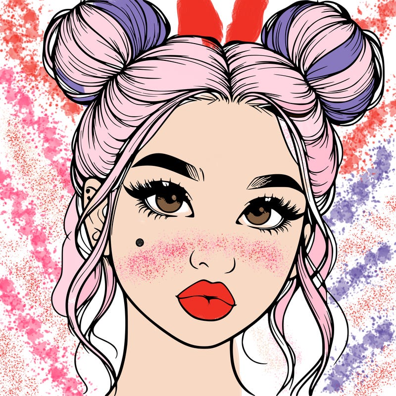realistic girl with two buns on her hair and lips