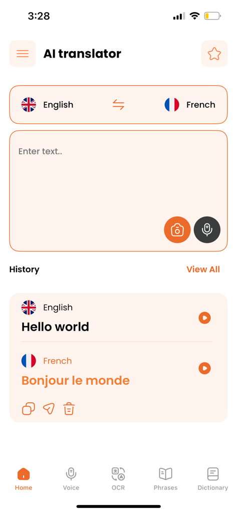 Talkify - AI Voice Translator - Home screen of the Talkify AI Voice Translator mobile app showing a translation from English to French.