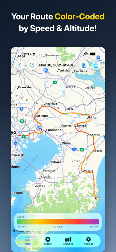 DriveTracker - Driving Log - DriveTracker app interface displaying a driving route on a map color-coded by speed and altitude.