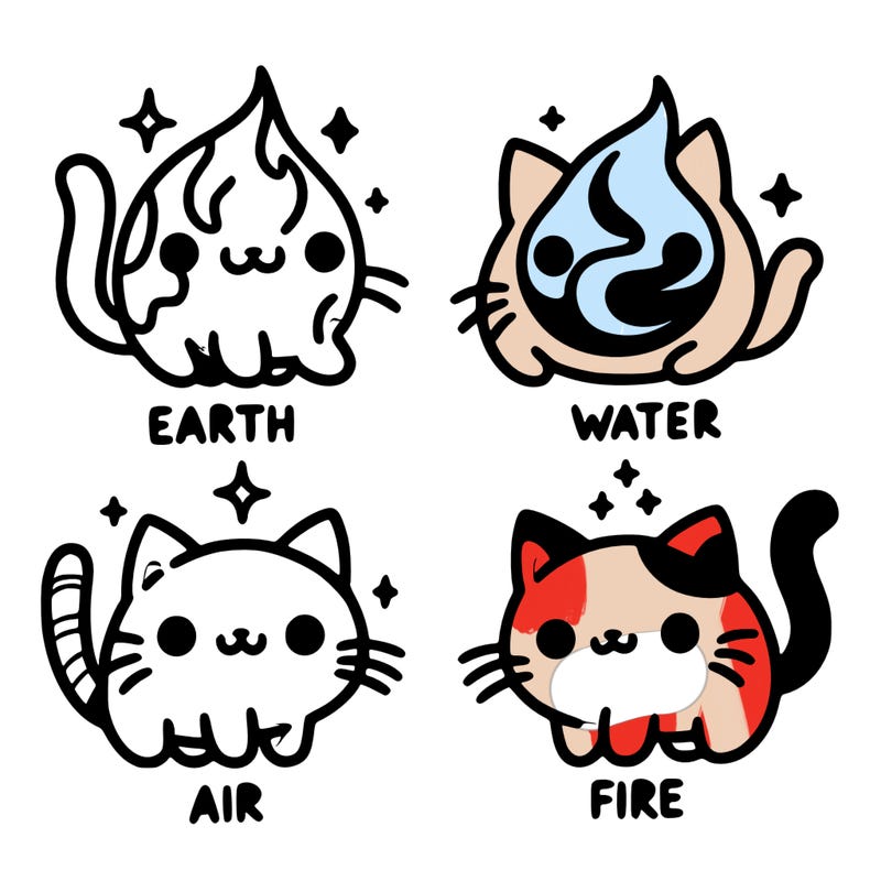 4 cats that represent the different elements, earth, water, air, and fire