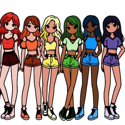 a group of girls wearing crop tops and shorts