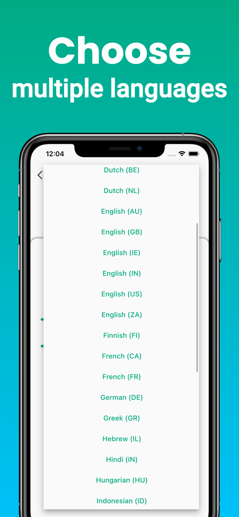 Speech Helper - Spoken Text - Speech Helper App-Oberfläche zeigt eine umfassende Liste unterstützter Sprachen für die Text-zu-Sprache-Konvertierung