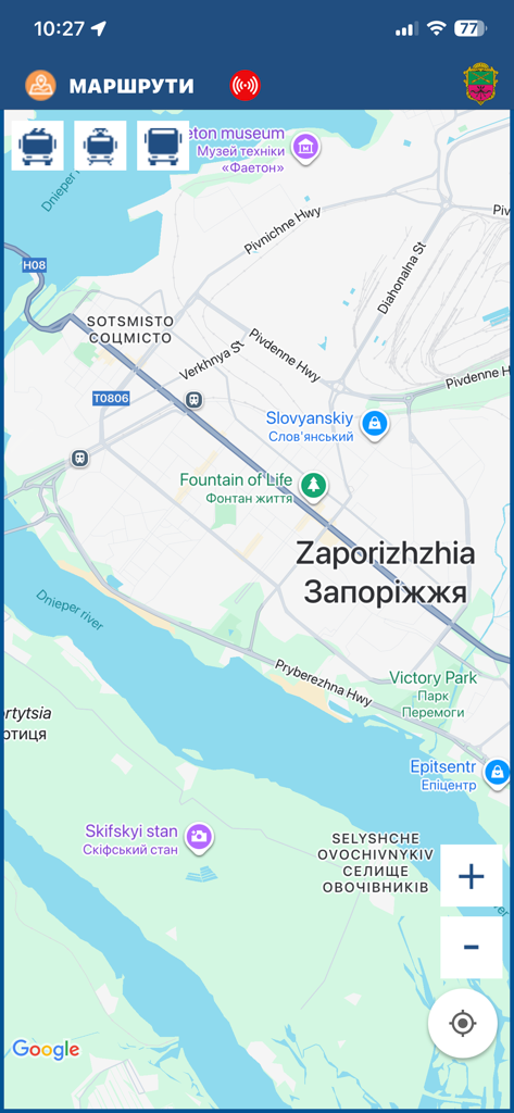 DozoR City - Map of Zaporizhzhia with public transport icons in DozoR City app